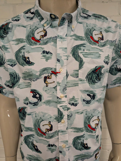 Dip overhemd korte mouw. Groen Rode Surfer print. Maat XL.