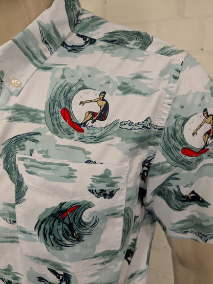 Dip overhemd korte mouw. Groen Rode Surfer print. Maat XL.