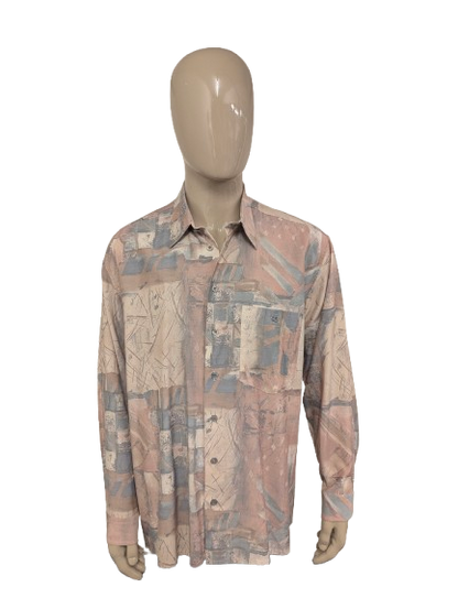 80's-90's Genius overhemd. Roze Blauw Beige print. Maat 2XL / XXL.