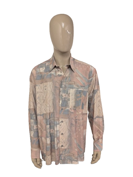 80's-90's Genius overhemd. Roze Blauw Beige print. Maat 2XL / XXL.