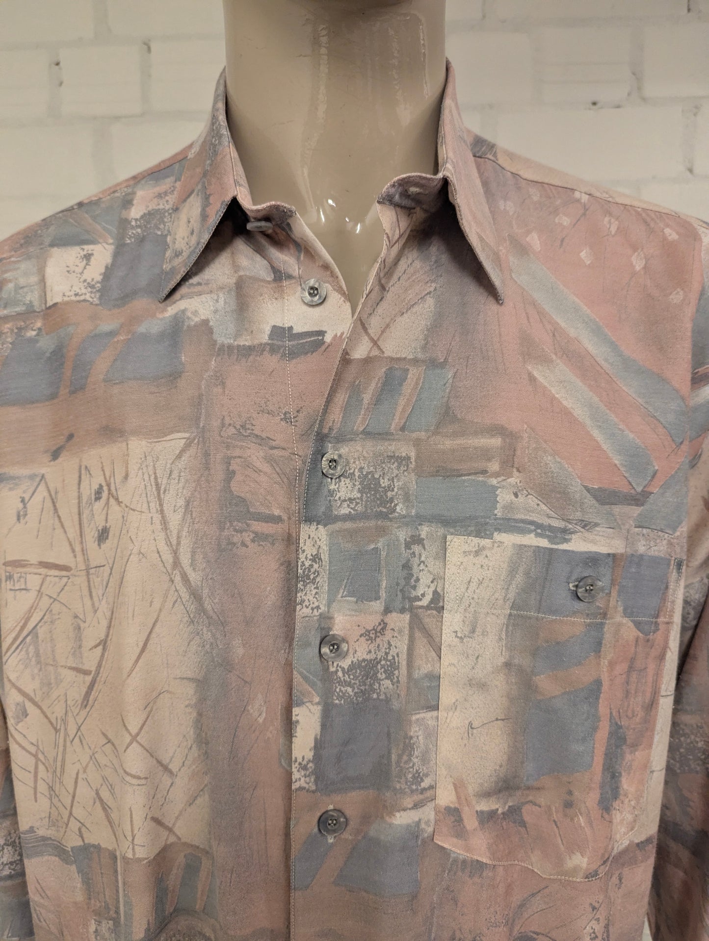 80's-90's Genius overhemd. Roze Blauw Beige print. Maat 2XL / XXL.