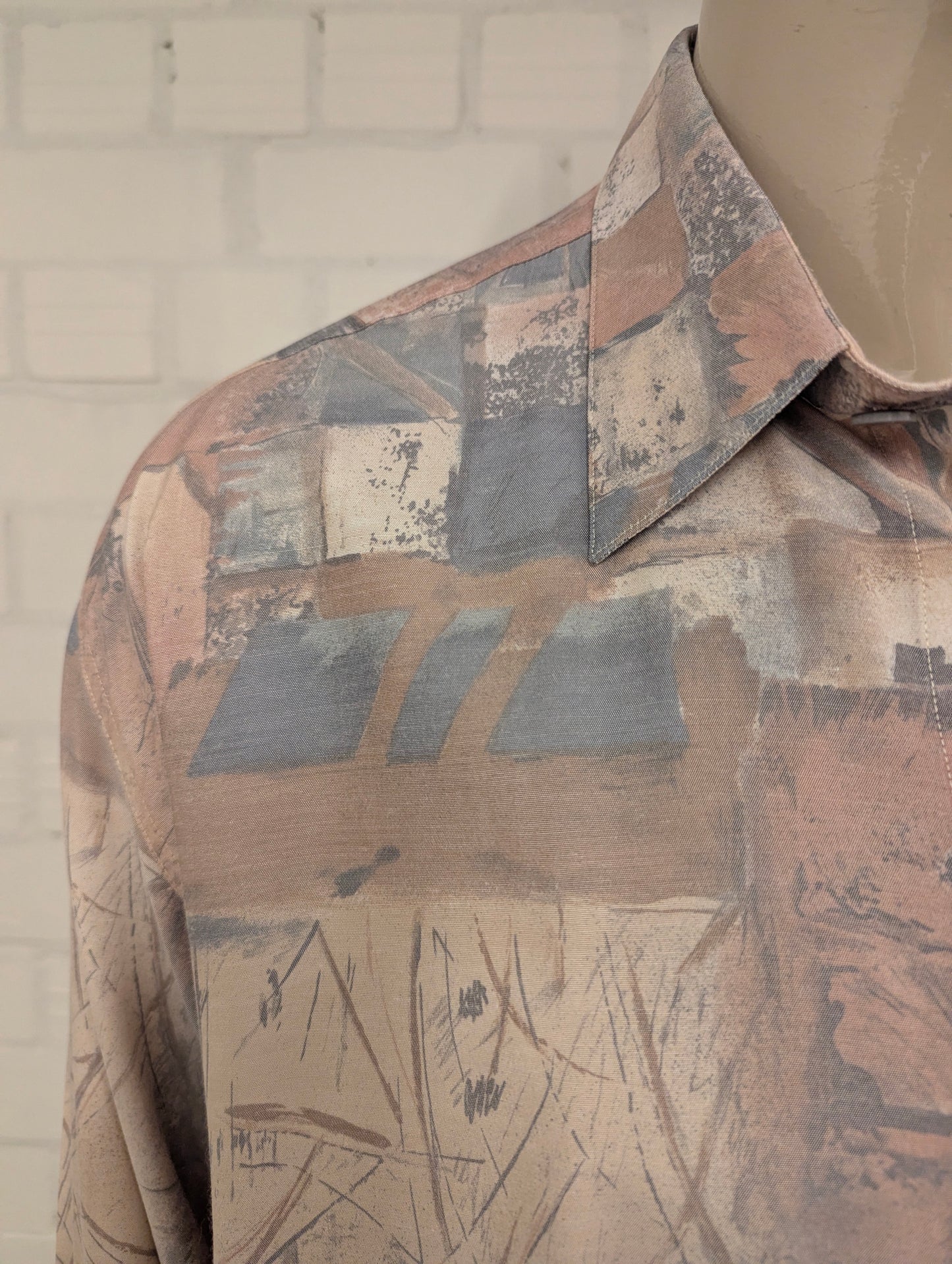 80's-90's Genius overhemd. Roze Blauw Beige print. Maat 2XL / XXL.