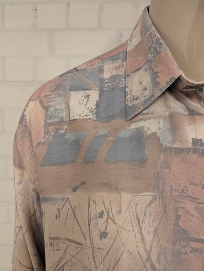 80's-90's Genius overhemd. Roze Blauw Beige print. Maat 2XL / XXL.