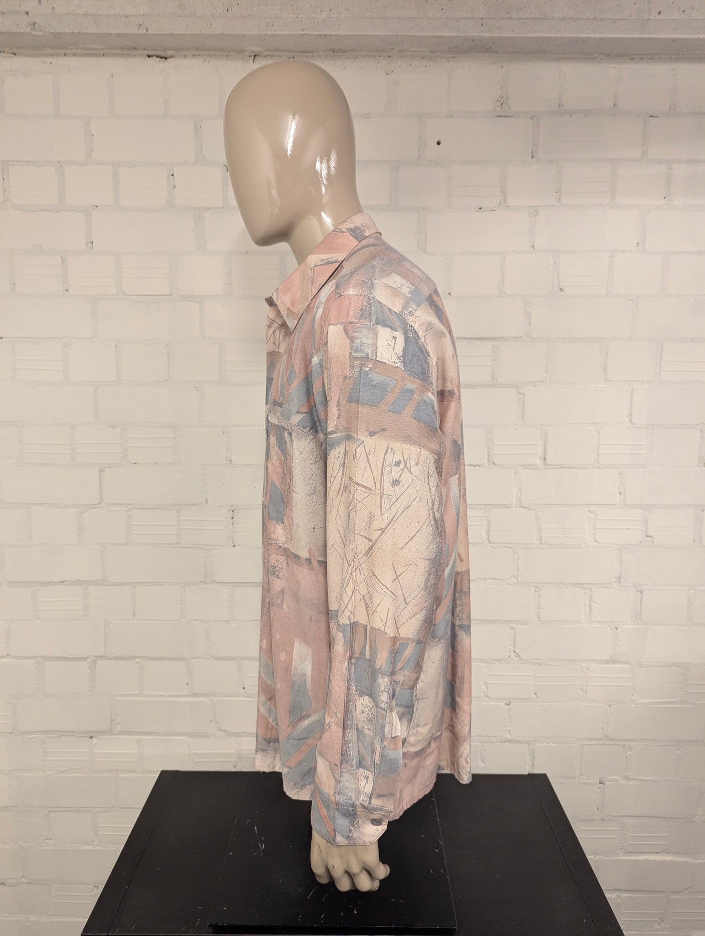 80's-90's Genius overhemd. Roze Blauw Beige print. Maat 2XL / XXL.