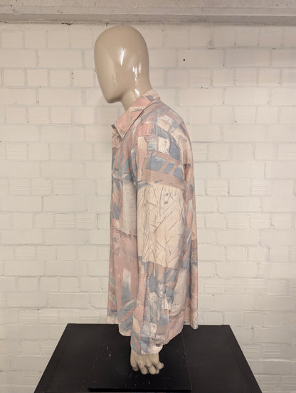 80's-90's Genius overhemd. Roze Blauw Beige print. Maat 2XL / XXL.