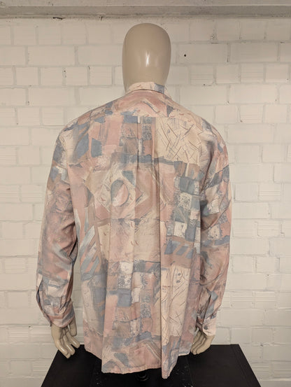 80's-90's Genius overhemd. Roze Blauw Beige print. Maat 2XL / XXL.