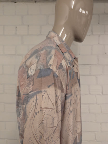 80's-90's Genius overhemd. Roze Blauw Beige print. Maat 2XL / XXL.