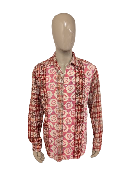 Vintage Sixty overhemd. Roze Rood Beige print. Maat 2XL / XXL.