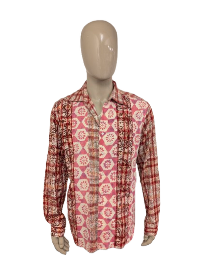 Vintage Sixty overhemd. Roze Rood Beige print. Maat 2XL / XXL.