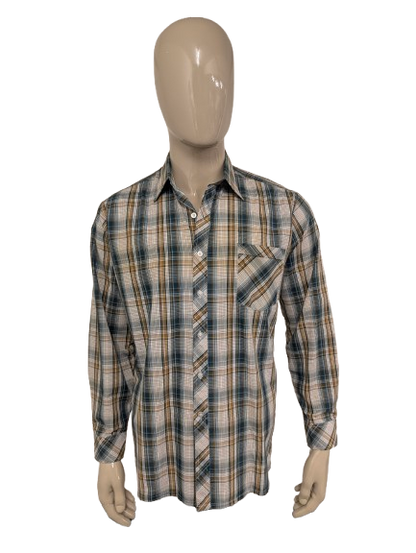 Dadi 70's style  overhemd met puntkraag. Groen Bruin Beige geruit. Maat XL.