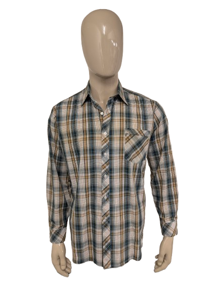 Dadi 70's style  overhemd met puntkraag. Groen Bruin Beige geruit. Maat XL.