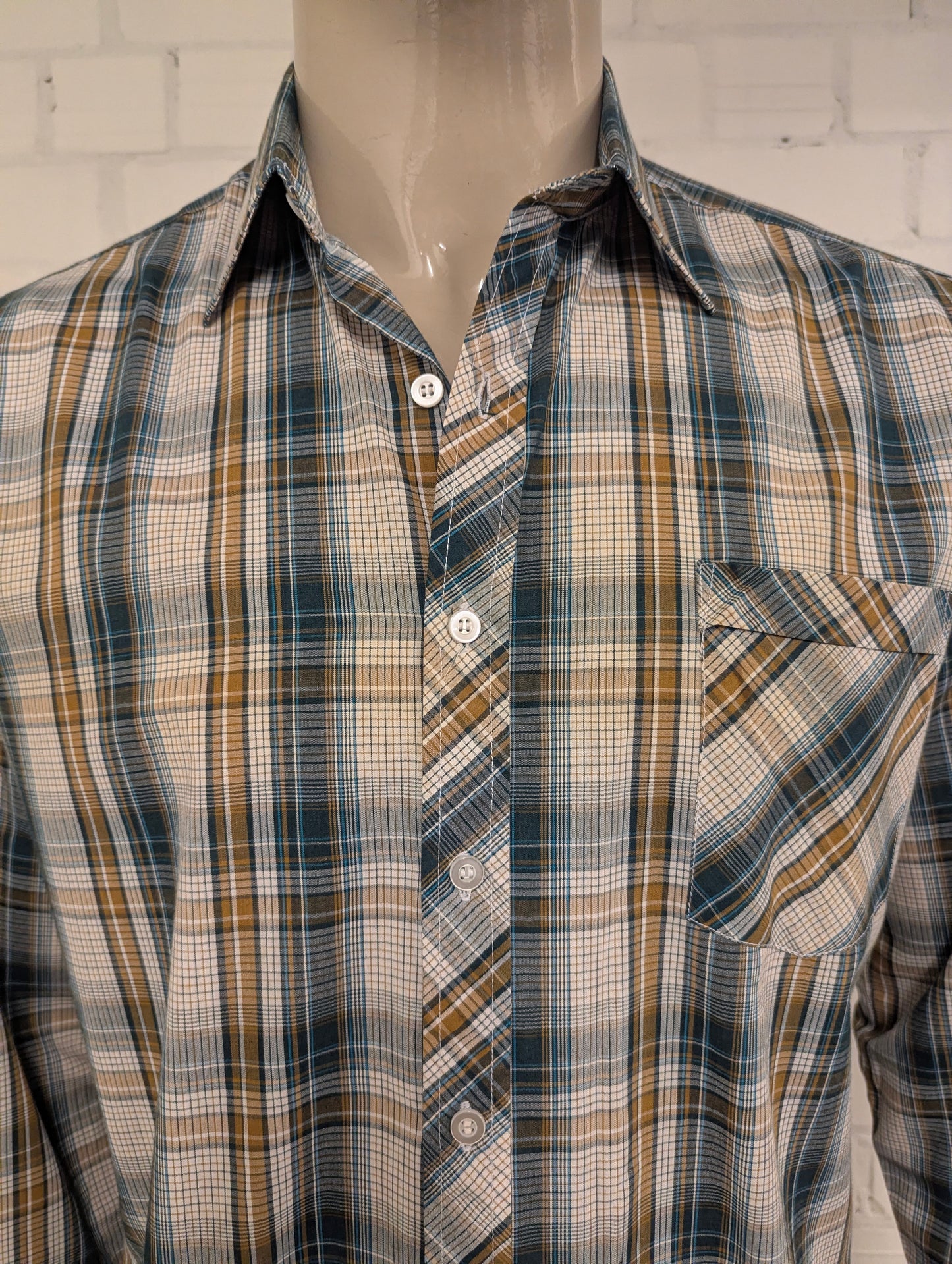 Dadi 70's style  overhemd met puntkraag. Groen Bruin Beige geruit. Maat XL.