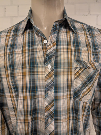 Dadi 70's style  overhemd met puntkraag. Groen Bruin Beige geruit. Maat XL.
