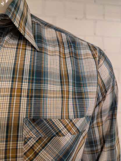 Dadi 70's style  overhemd met puntkraag. Groen Bruin Beige geruit. Maat XL.