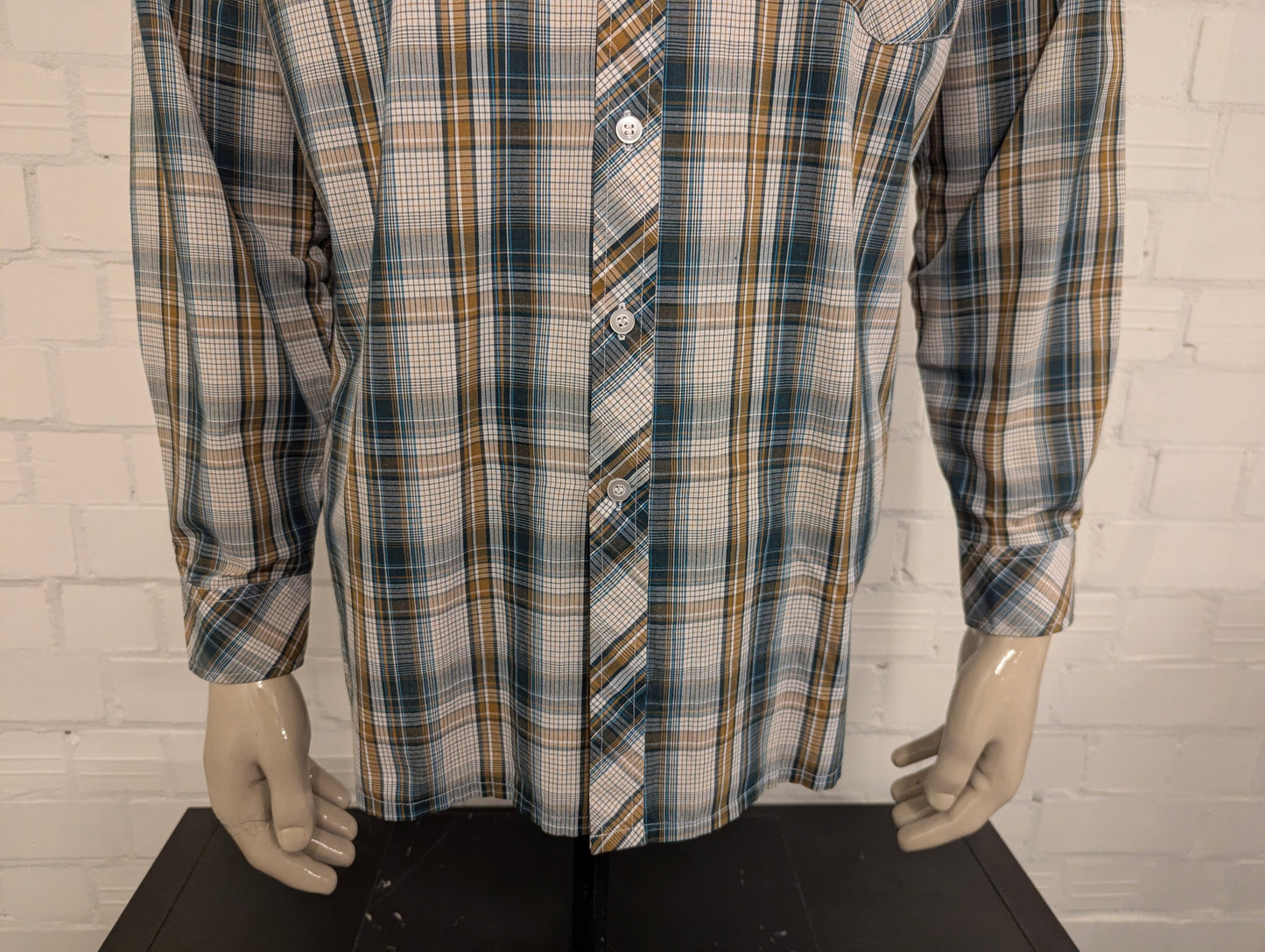 Dadi 70's style  overhemd met puntkraag. Groen Bruin Beige geruit. Maat XL.