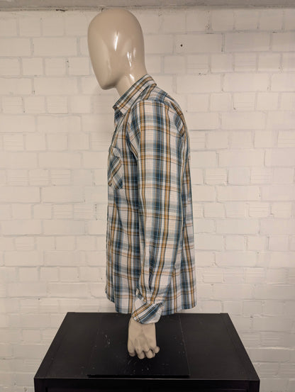 Dadi 70's style  overhemd met puntkraag. Groen Bruin Beige geruit. Maat XL.