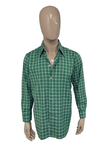 Vintage 70's N overhemd met puntkraag. Groen Wit geruit. Maat XL.