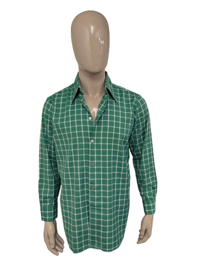 Vintage 70's N overhemd met puntkraag. Groen Wit geruit. Maat XL.