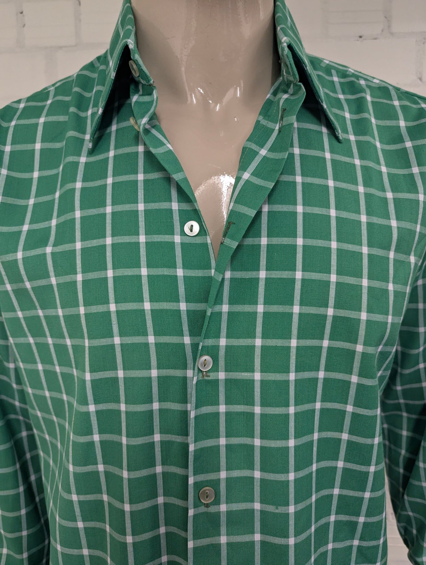 Vintage 70's N overhemd met puntkraag. Groen Wit geruit. Maat XL.