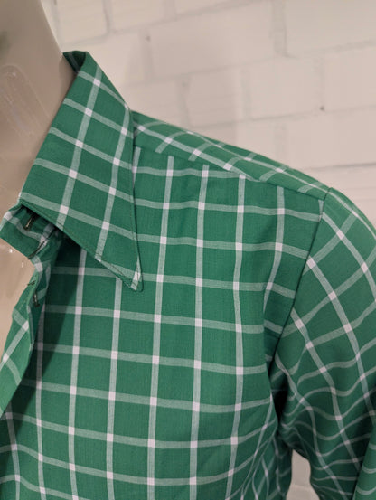 Vintage 70's N overhemd met puntkraag. Groen Wit geruit. Maat XL.