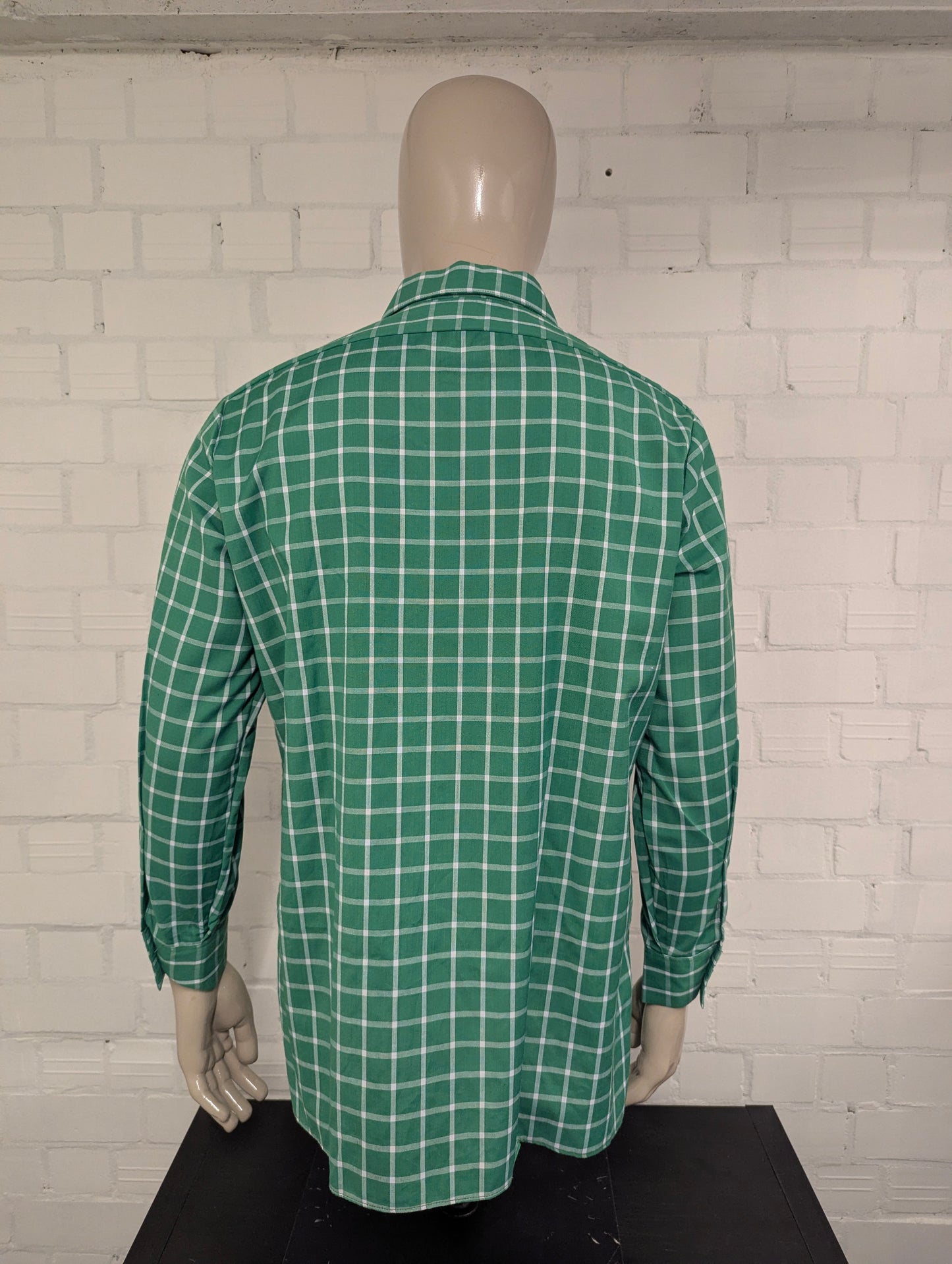 Vintage 70's N overhemd met puntkraag. Groen Wit geruit. Maat XL.