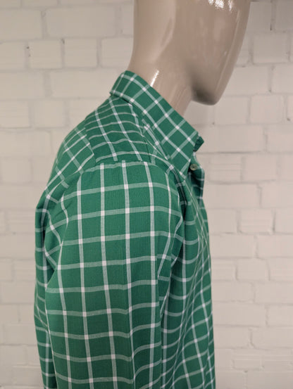 Vintage 70's N overhemd met puntkraag. Groen Wit geruit. Maat XL.