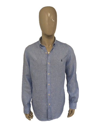 Ralph Lauren Linnen overhemd. Blauw Wit gemêleerd. Maat XL. slim fit.