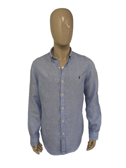 Ralph Lauren Linnen overhemd. Blauw Wit gemêleerd. Maat XL. slim fit.