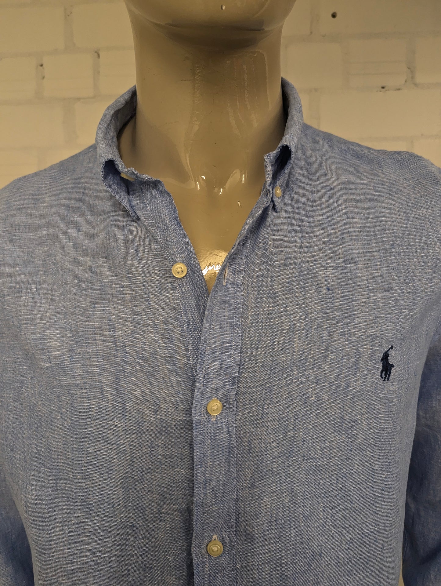 Ralph Lauren Linnen overhemd. Blauw Wit gemêleerd. Maat XL. slim fit.
