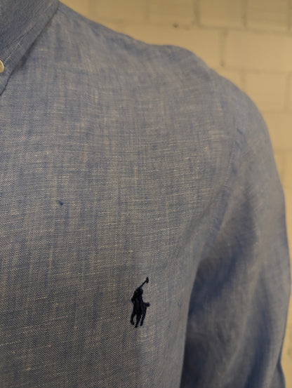 Ralph Lauren Linnen overhemd. Blauw Wit gemêleerd. Maat XL. slim fit.