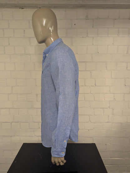 Ralph Lauren Linnen overhemd. Blauw Wit gemêleerd. Maat XL. slim fit.