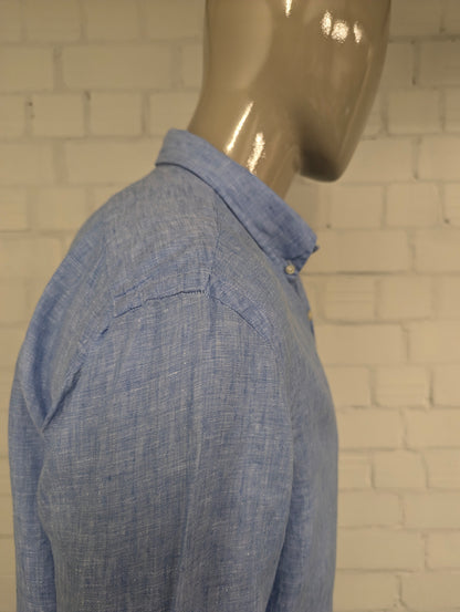 Ralph Lauren Linnen overhemd. Blauw Wit gemêleerd. Maat XL. slim fit.