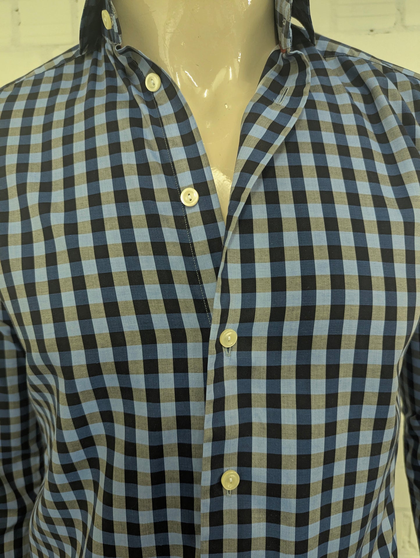 Eton overhemd. Blauw Grijs geblokt. Maat S. slim.