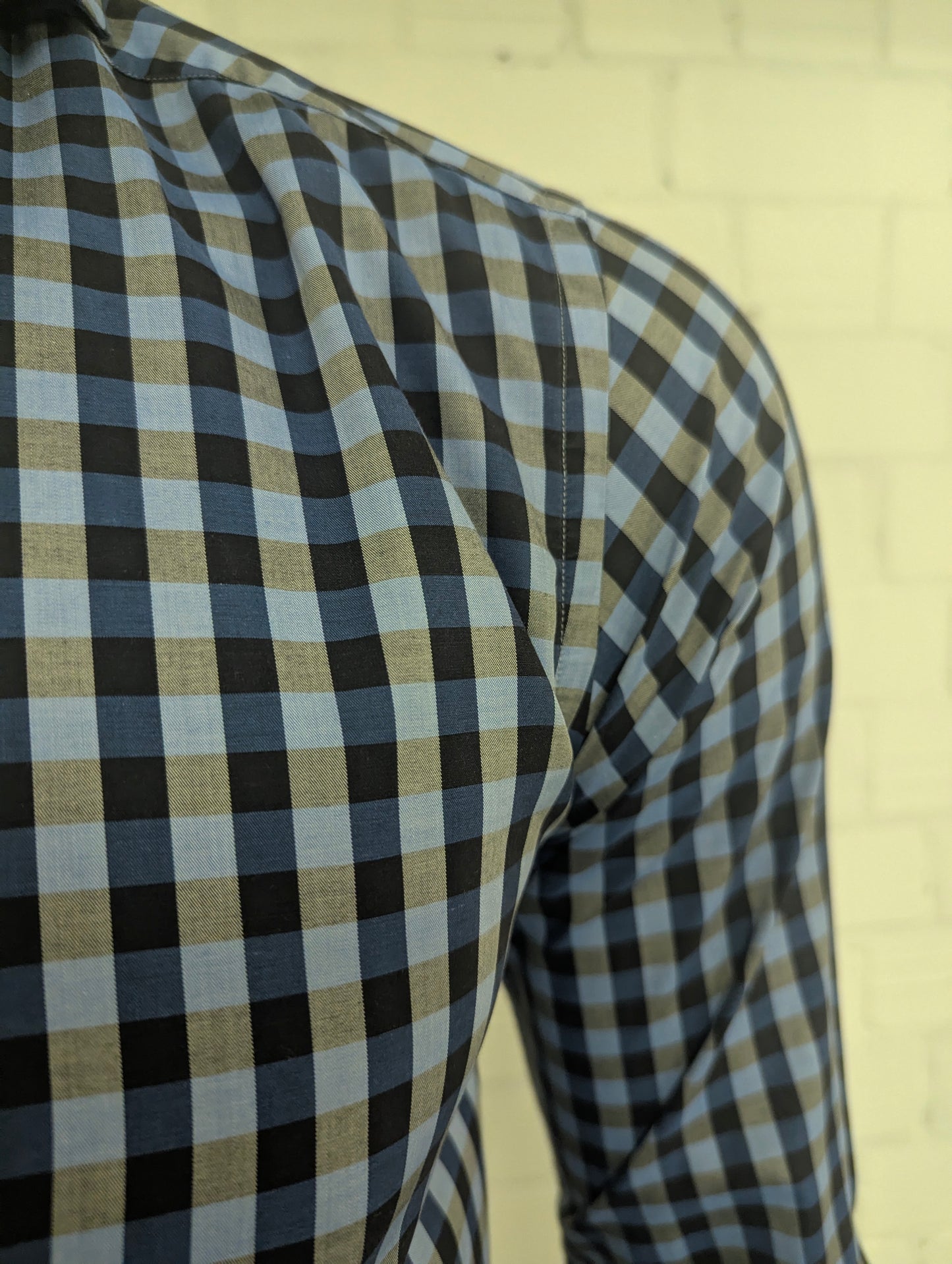 Eton overhemd. Blauw Grijs geblokt. Maat S. slim.