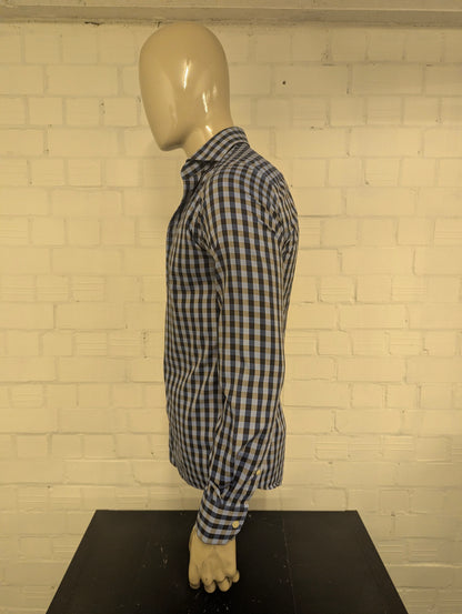 Eton overhemd. Blauw Grijs geblokt. Maat S. slim.