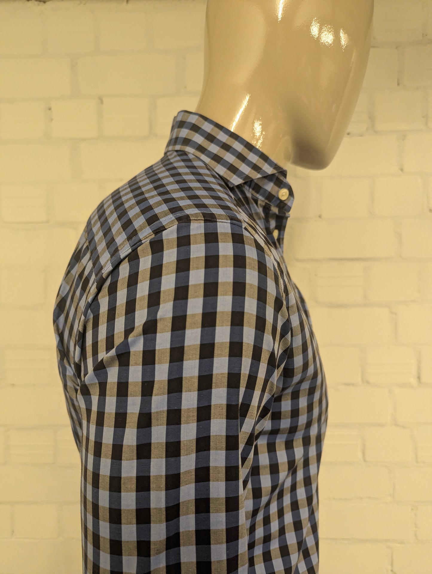 Eton overhemd. Blauw Grijs geblokt. Maat S. slim.