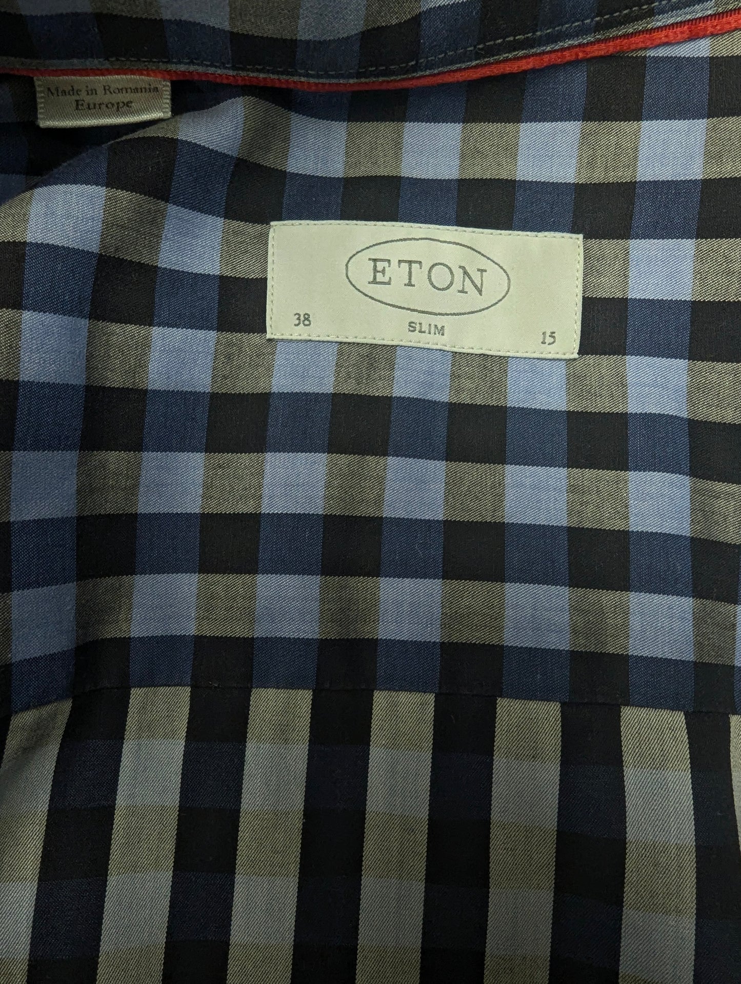 Eton overhemd. Blauw Grijs geblokt. Maat S. slim.