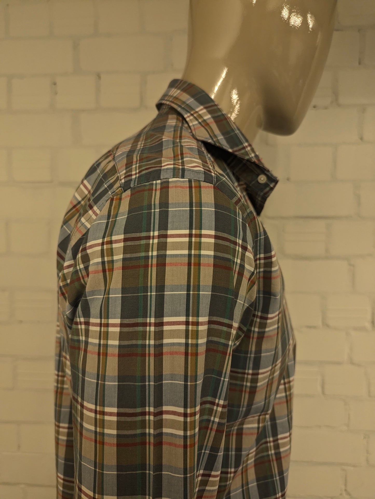 Suitsupply overhemd met korte kraag. Rood Groen Grijs geruit. Maat M.