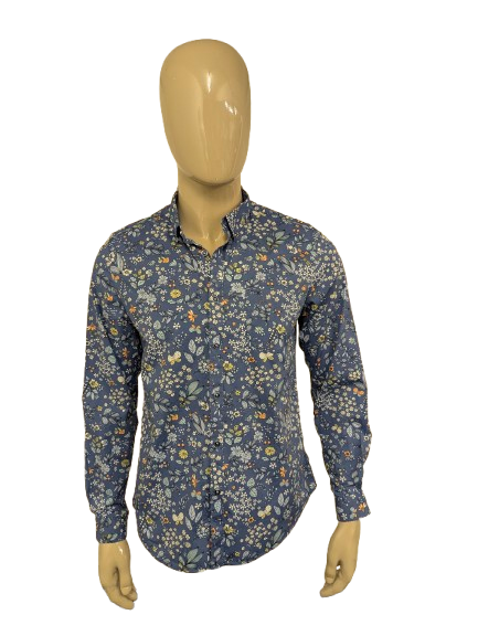 Paisley & Gray overhemd. Blauw Groen Oranje bloemen print. Maat L. slim fit.