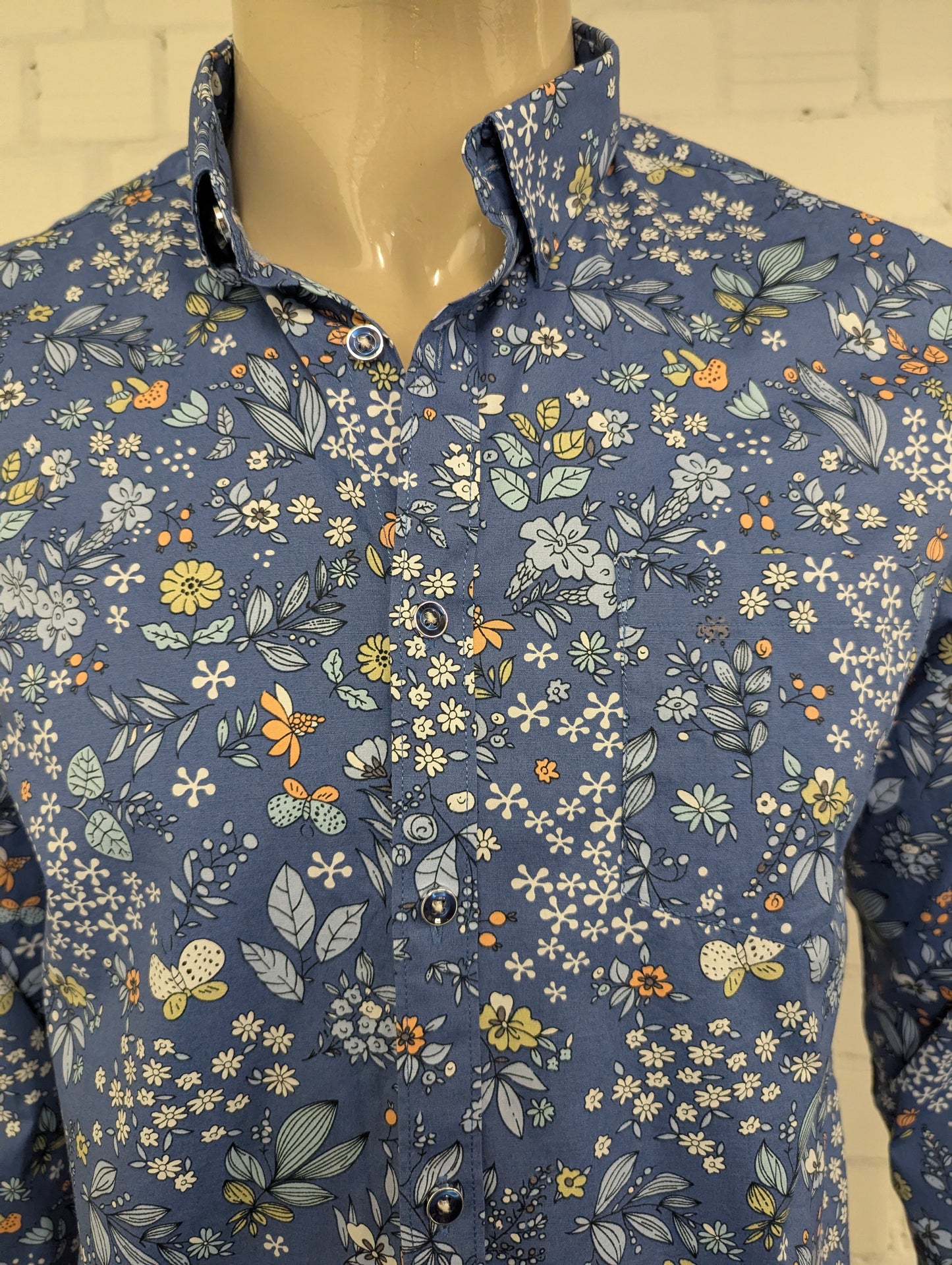 Paisley & Gray overhemd. Blauw Groen Oranje bloemen print. Maat L. slim fit.