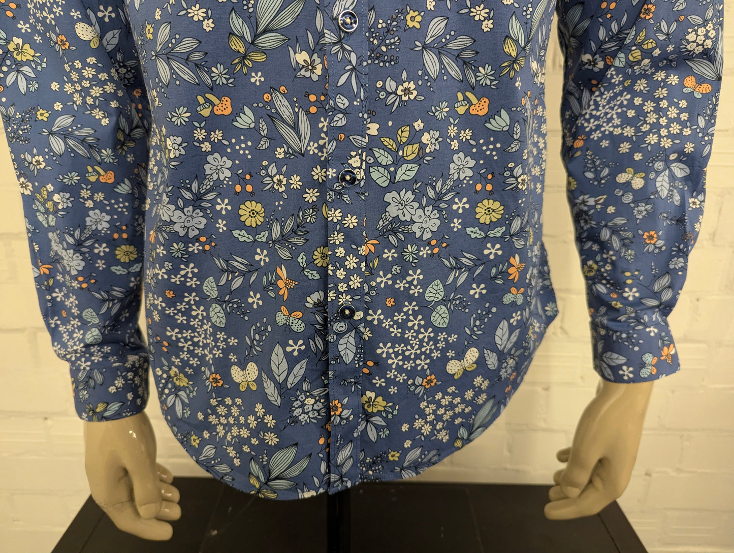 Paisley & Gray overhemd. Blauw Groen Oranje bloemen print. Maat L. slim fit.