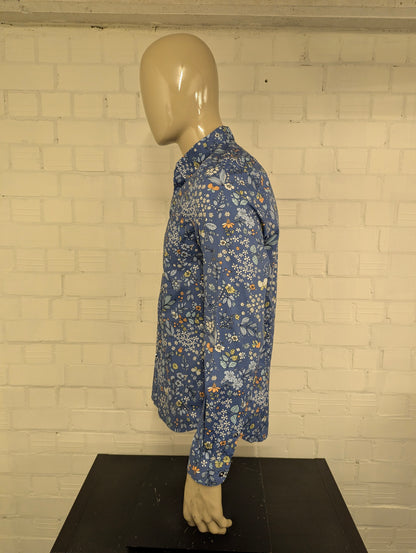 Paisley & Gray overhemd. Blauw Groen Oranje bloemen print. Maat L. slim fit.
