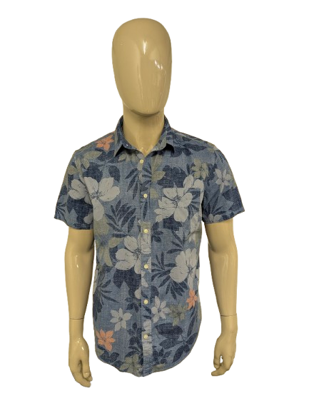 GAP Hawaii overhemd korte mouw. Blauw Groen Roze print. Maat L. slim.