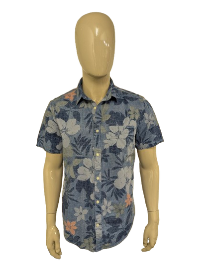 GAP Hawaii overhemd korte mouw. Blauw Groen Roze print. Maat L. slim.