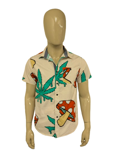 Eighty Eight overhemd korte mouw. Groen Rood Witte paddenstoel print. Maat M.