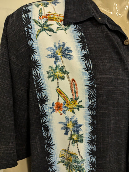 Batik Bay Hawaii overhemd korte mouw. Zwart met gekleurde Surf print. Maat 3XL / XXXL.