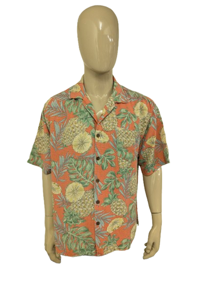 Barmuda Bay Zijden Hawaii overhemd korte mouw. Roze Geel Groene ananas print. Maat 2XL / XXL.