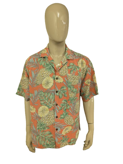 Barmuda Bay Zijden Hawaii overhemd korte mouw. Roze Geel Groene ananas print. Maat 2XL / XXL.