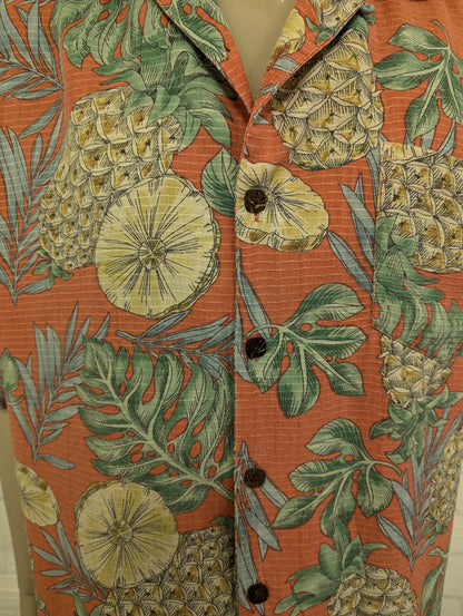 Barmuda Bay Zijden Hawaii overhemd korte mouw. Roze Geel Groene ananas print. Maat 2XL / XXL.