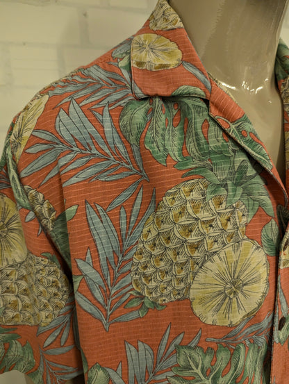Barmuda Bay Zijden Hawaii overhemd korte mouw. Roze Geel Groene ananas print. Maat 2XL / XXL.